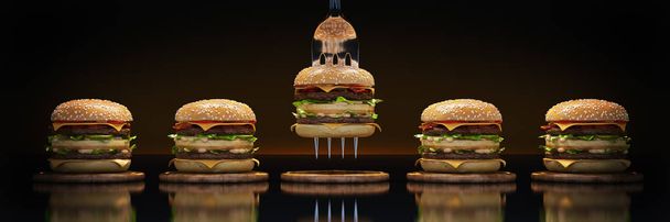 小さなハンバーガーがフォークに突き刺さった。適切な栄養の概念。3D レンダリング - 写真・画像