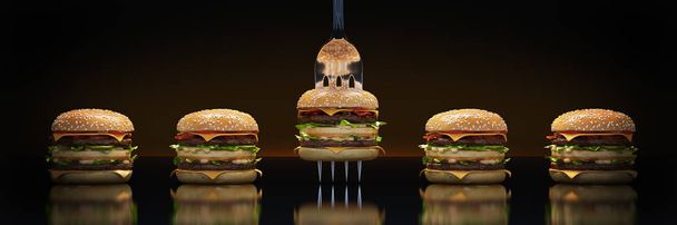 小さなハンバーガーがフォークに突き刺さった。適切な栄養の概念。3D レンダリング - 写真・画像