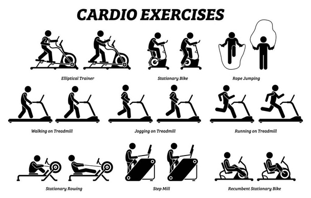 Cardio exercises and fitness training at gym. Artworks depict cardio exercise machine, elliptical trainer, stationary bike, rope jumping, treadmill, step mill, stationary rowing, and recumbent bike. - Vector, Image