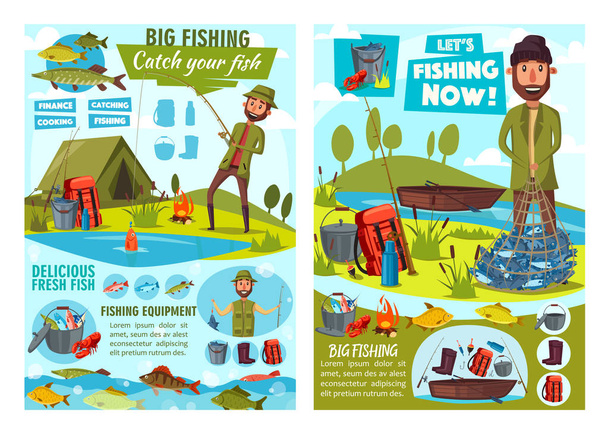 漁師、釣り竿と魚、ボートとタックル - ベクター画像