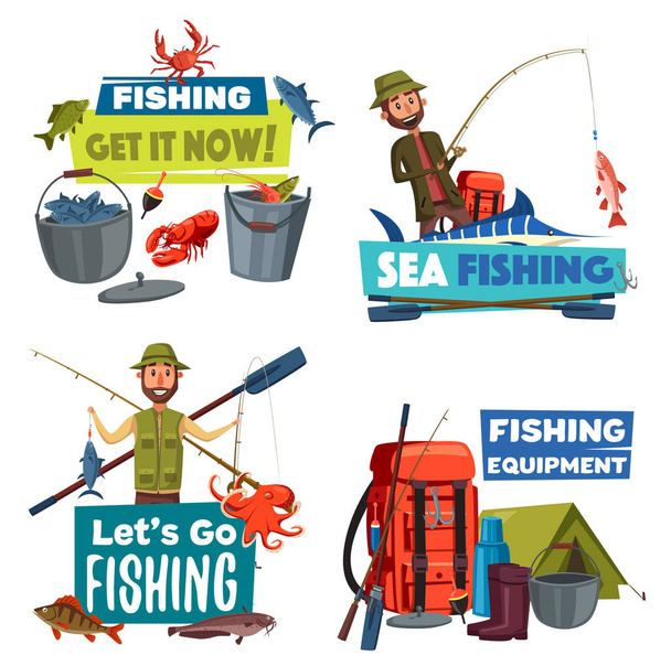 Fishermen with fishing rod, fish catch and tackle - Vector, Image