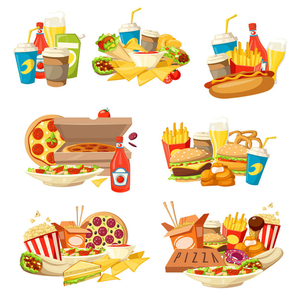 Hamburguesa de comida rápida, pizza y hot dog con bebidas
 - Vector, Imagen