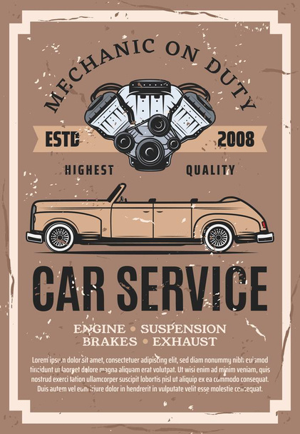 Carro vintage com peças de motor. Serviço de reparação de automóveis
 - Vetor, Imagem