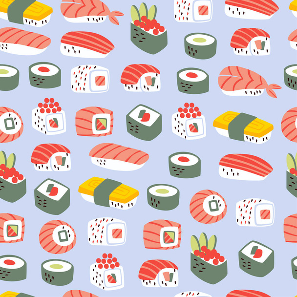 Sushi i rolki bez szwu Pattern. Japońskie jedzenie tło.  - Wektor, obraz