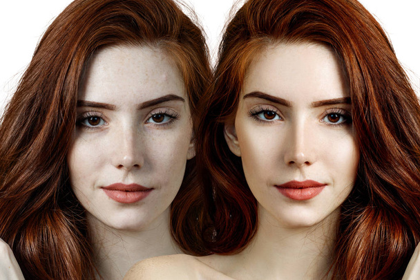 Comparison portrait of young woman before and after retouch. - 写真・画像