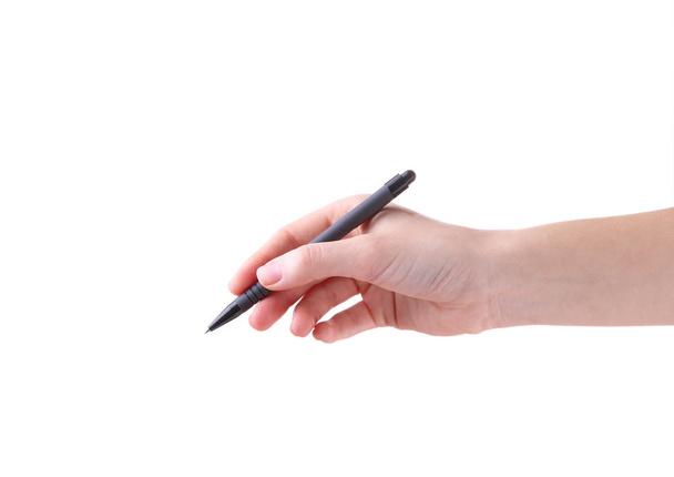 白い背景にペンを分離した女性の手、内側のクリッピングパス - 写真・画像