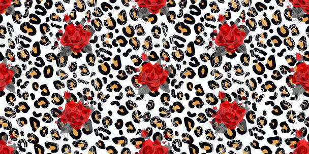 Blumen Tier nahtlosen Vektor-Design-Print. Leopardenstrukturen und Blumensträuße. Rote Rose, bordeauxrote Pfingstrose, weiße Anemone, Sukkulente, exotische Orchidee, Fuchsie, Dahlie..  - Vektor, Bild
