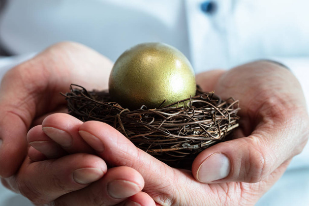 Close-up Of Human's Hands Holding Golden Egg In Small Nest - Zdjęcie, obraz