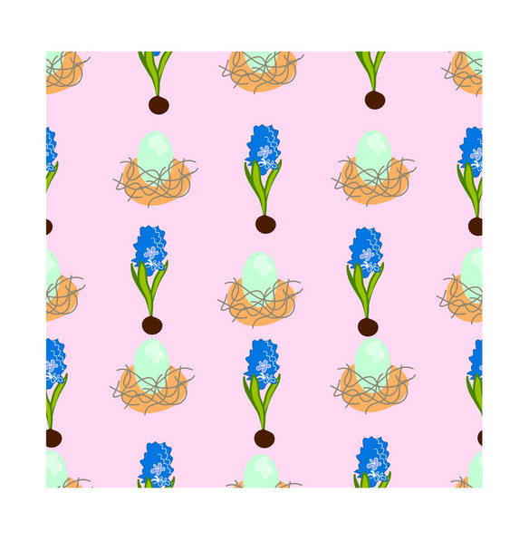 Vector naadloos patroon met heldere paaseieren en blauwe hyacinten. Print op een roze geïsoleerde achtergrond. Ontwerp voor textiel, inpakpapier, behang, verpakking en postkaarten. - Vector, afbeelding