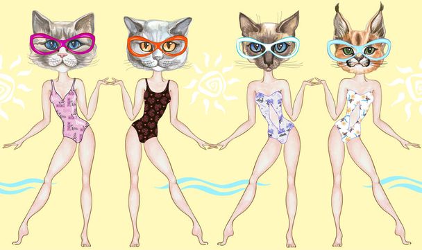 Las muchachas a la moda de playa - los gatos en los trajes de baño. Frontera sin fisuras
 - Vector, imagen