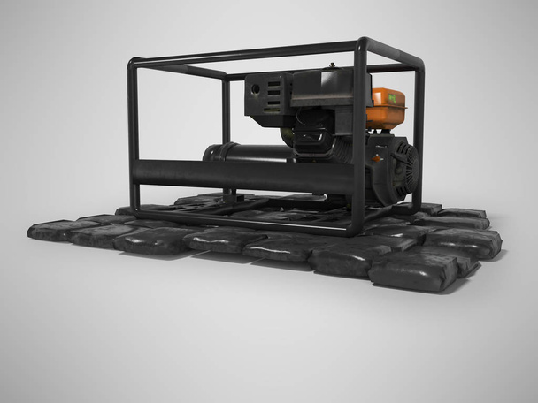 Черный дизельный генератор на камнях 3D рендеринг на серой спинке
 - Фото, изображение