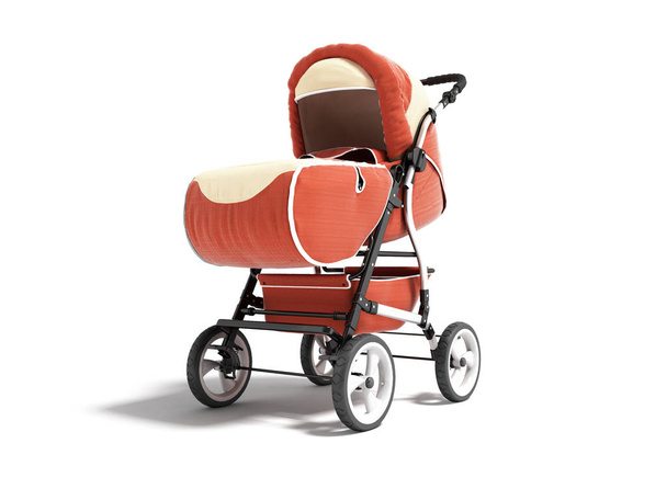 Çocuk için yeni turuncu bebek arabası, beyaz Bac tüm sezon 3D render - Fotoğraf, Görsel