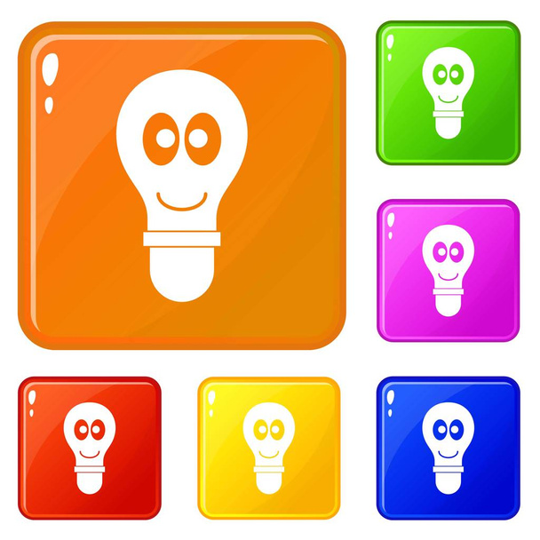 Smiling light bulb with eyes icons set vector color - Vektor, Bild