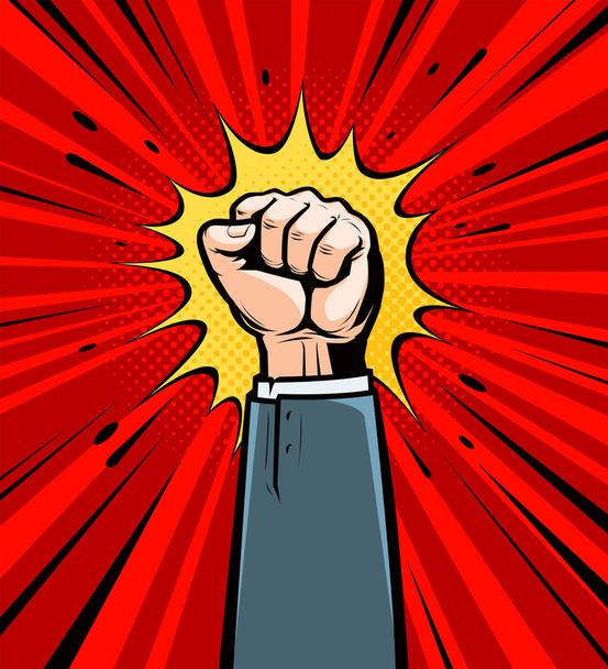 Clenched fist raised up. Cartoon in pop art retro comic style, vector illustration - Vector, afbeelding