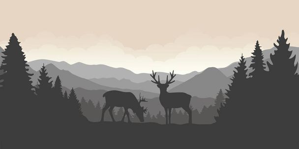 two reindeer in the mountains with forest landscape - Вектор,изображение