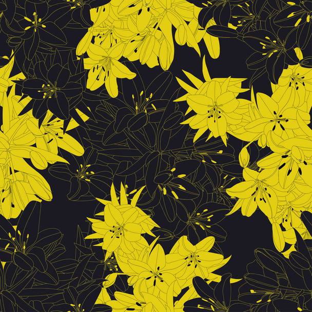 Flores lirio brotes y hojas en composición en color amarillo dorado relleno y contorno sobre fondo negro
. - Vector, Imagen