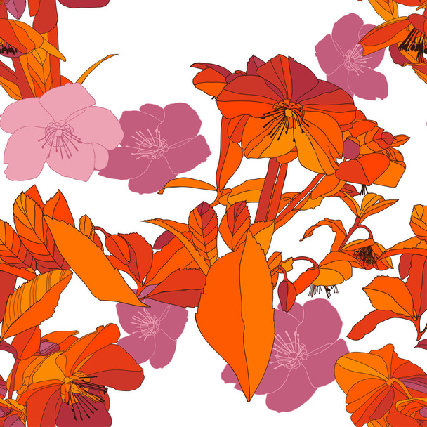 白い背景にピンクと甘いオレンジ色の色合いでヘレボアの花や葉シームレスなパターン. - ベクター画像