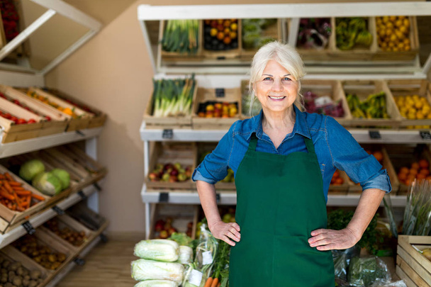 Senior woman working in small grocery store - Zdjęcie, obraz