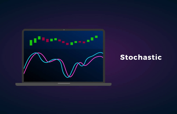 Stochastic indicator oscillator technische analyse. Vector voorraad en cryptogeld uitwisseling grafiek, Forex Analytics en trading markt grafiek op laptop display scherm - Vector, afbeelding