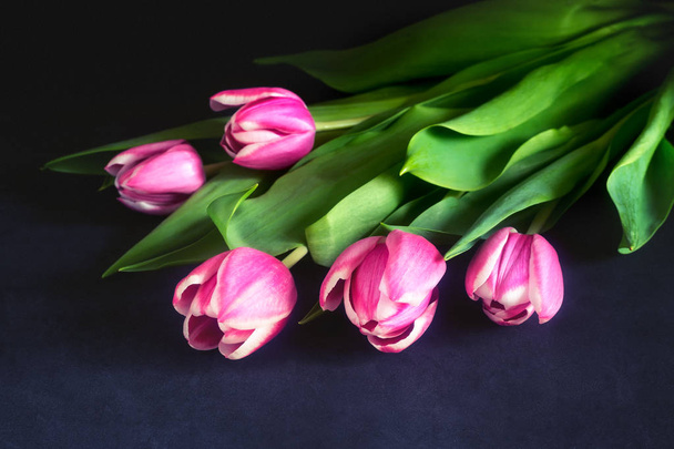 Boeket van roze tulpen op een donkere achtergrond. - Foto, afbeelding