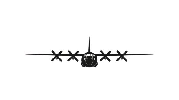 Vliegende militaire vliegtuigen op witte achtergrond. Zwarte silhouet van Cargo Plane. Vooraanzicht. - Video
