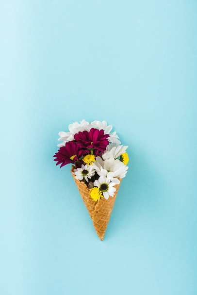 vista superior de flores de crisântemo em cone de sorvete isolado em azul com espaço de cópia
 - Foto, Imagem