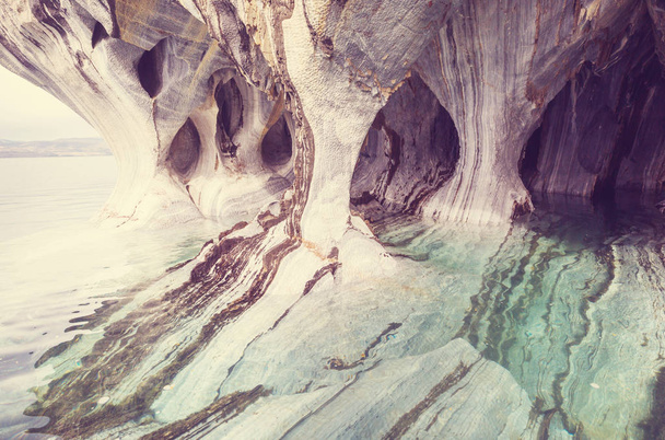 Unusual marble caves on the lake of General Carrera, Patagonia, Chile. Carretera Austral trip. - Photo, Image