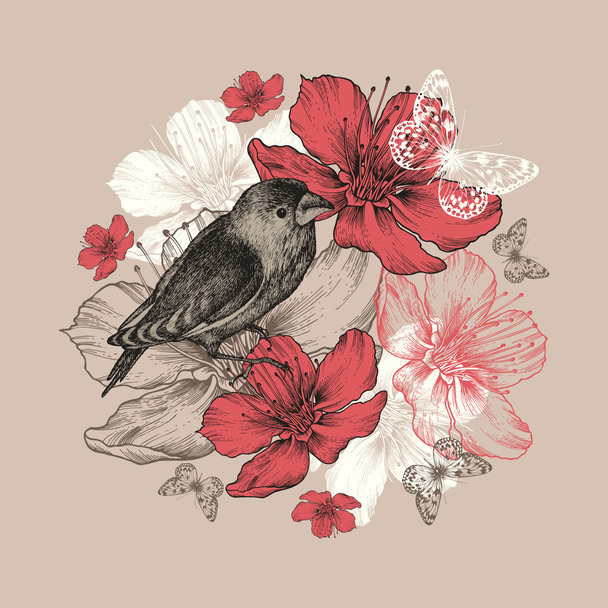Flower background with bird, butterfly and flowering apple trees - Vetor, Imagem