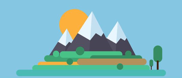 Summer Landscape Mountain snowy peak and green field meadow with trees. Flat and solid color vector illustration. - Vettoriali, immagini