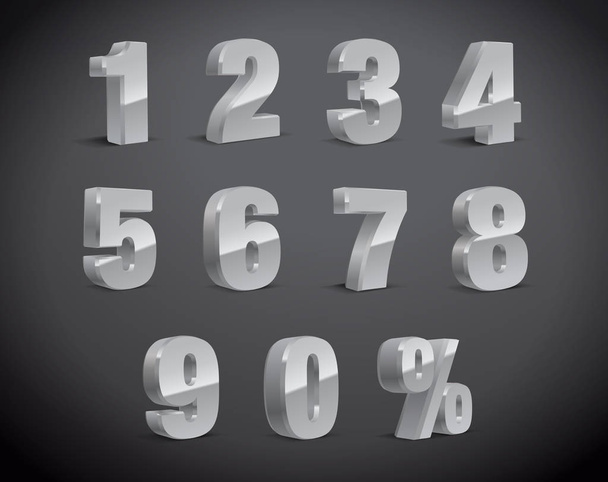 3D gray-silver Metallic Letter. 0, 1, 2, 3, 4, 5, 6, 7, 8, 9 numeral alphabet. Vector Isolated Number. - Вектор,изображение