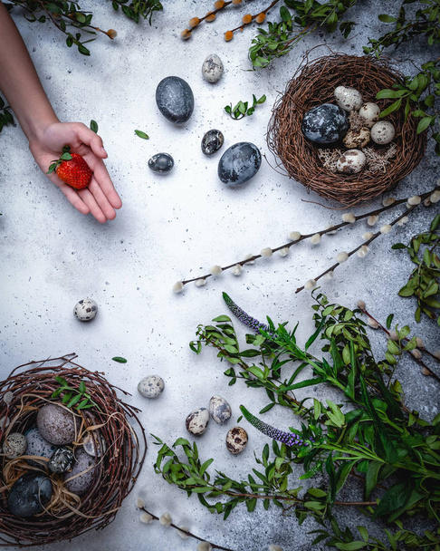 Top view of easter composition with eggs in nest, female hand with red strawberry and green branches on stone background  - 写真・画像