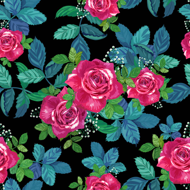 Beautiful floral seamless pattern.Red, pink roses with green leaves on black background. - Vecteur, image