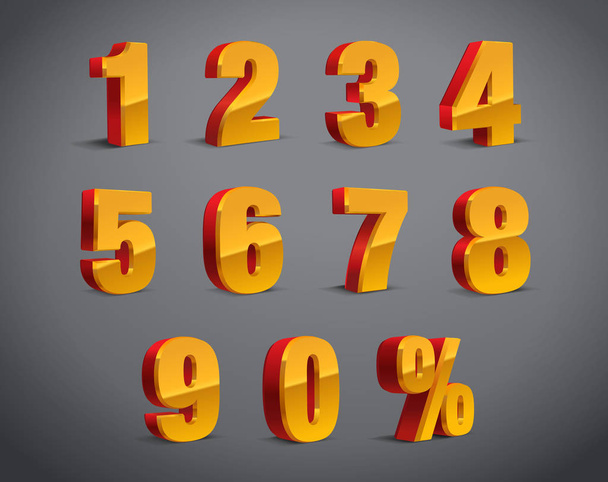 3D red-yellow gold Metallic Letter. 0, 1, 2, 3, 4, 5, 6, 7, 8, 9 numeral alphabet. Vector Isolated Number. - Vector, Image