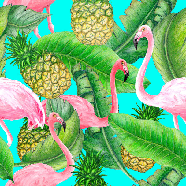 Botanical seamless pattern of tropical plants,fruits,flamingos - Photo, Image
