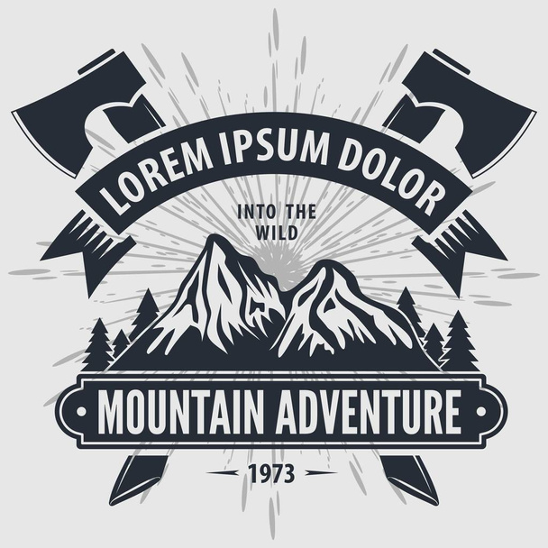Mountain Adventure vinobraní štítek, odznak, logo nebo znak. Vektorová ilustrace - Vektor, obrázek
