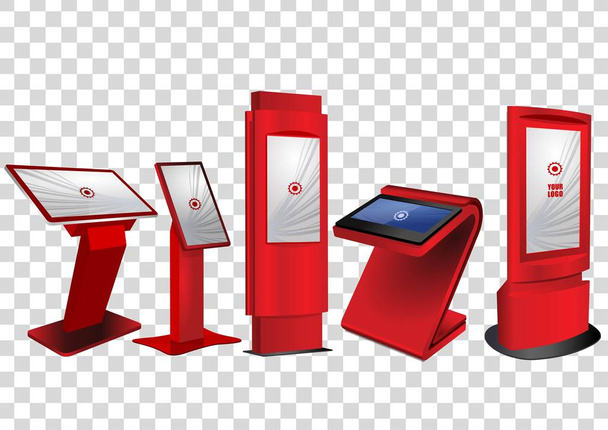 Öt piros promóciós interaktív információs kioszk reklám Display Terminal állni, érint képernyő bemutatás átlátszó háttér elszigetelt. Mintája fel sablon - Vektor, kép