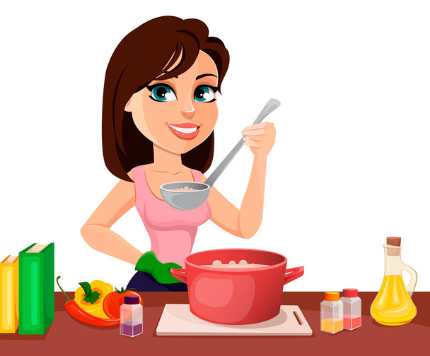 Bella donna cucina nella sua cucina
 - Vettoriali, immagini