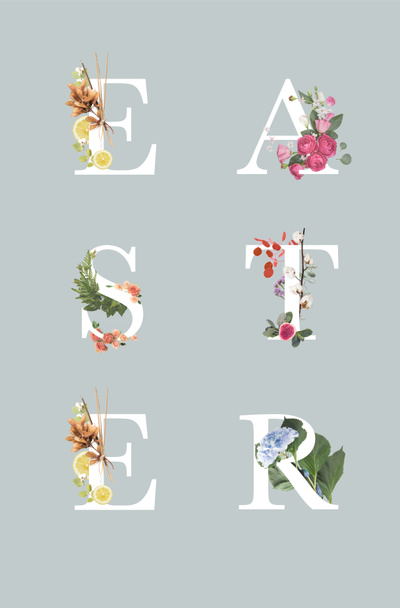 Letras de Pascua con flores sobre letras blancas sobre fondo gris
 - Foto, imagen