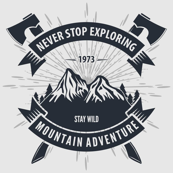 Mountain Adventure vinobraní štítek, odznak, logo nebo znak. Vektorová ilustrace - Vektor, obrázek