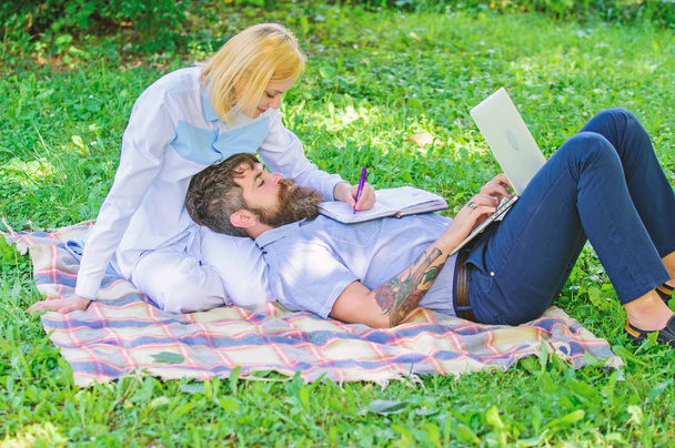 Family spend leisure outdoors work laptop. How to balance freelance and family life. Stories of enduring family success and innovation. Couple in love or family work freelance. Modern online business - Foto, Imagen