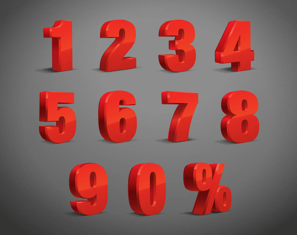 3D Red Metallic Letter. 0, 1, 2, 3, 4, 5, 6, 7, 8, 9 numeral alphabet. Vector Isolated Number. - Vector, Image