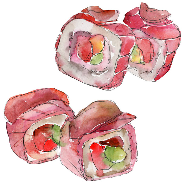Acuarela sushi conjunto de hermosa sabrosa comida japonesa ilustración. Objetos dibujados a mano aislados sobre fondo blanco
. - Foto, Imagen