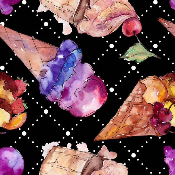 Tasty ice cream in a watercolor style. Aquarelle sweet dessert illustration set. Seamless background pattern. - Fotó, kép