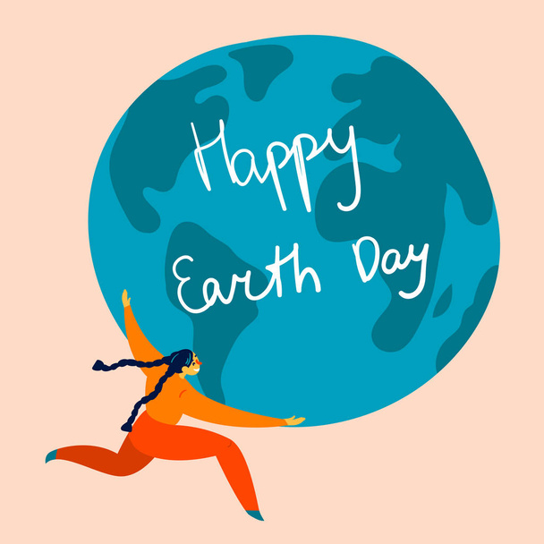 Счастливого Дня Земли. Женщина держит глобус
 - Вектор,изображение