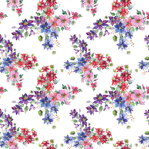 Clematis bouquet floral botanical flowers. Watercolor background illustration set. Seamless background pattern. - Foto, Imagem