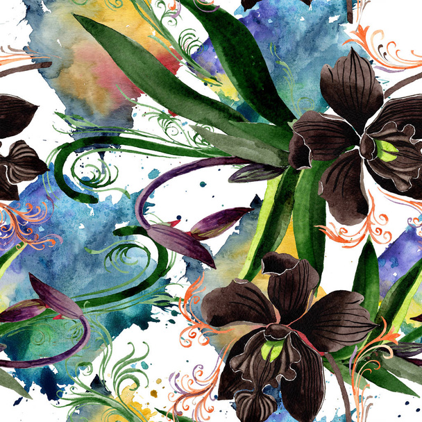 Black orchid floral botanical flowers. Watercolor background illustration set. Seamless background pattern. - Фото, изображение