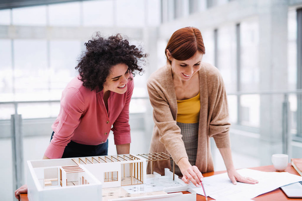 Female young architects with model of a house standing in office, talking. - Foto, Imagen