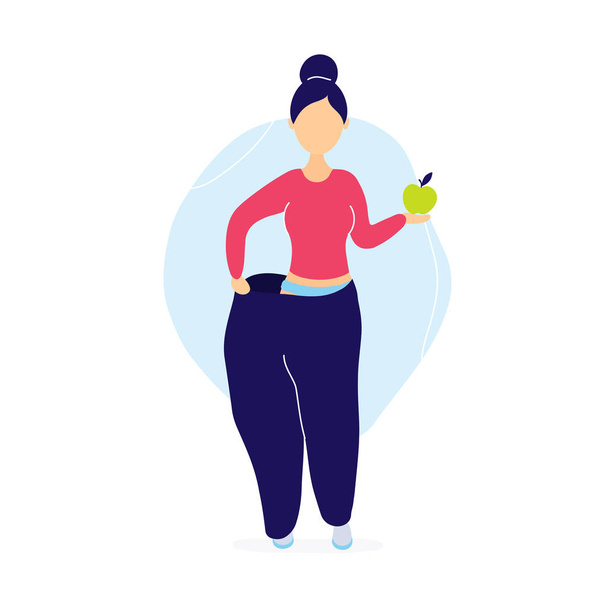 Woman in oversized pants with apple - Vector, Image