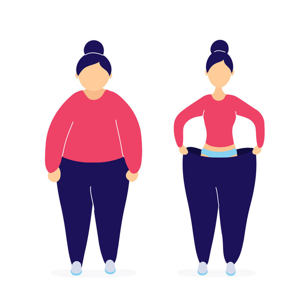 Dicke und schlanke Frau vor und nach der Gewichtsabnahme - Vektor, Bild