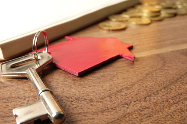 Property/housing ownership concept with red small house and steel key. - Foto, Bild